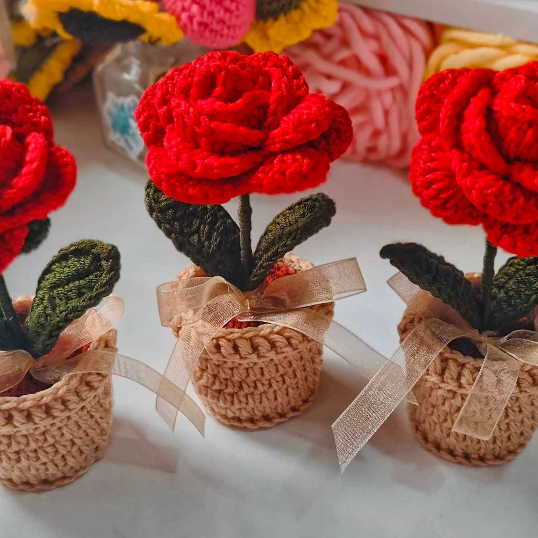 Handmade Crochet Rose Pot – Cute 7 Inch Flower Decoration, Romantic Gift, Aesthetic Home Decor